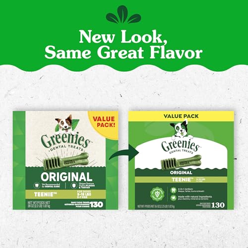 Greenies Veterinarian-Recommended Adult Natural Dental Dog Treats Teenie Size, Dog Dental Chews, Original Flavor, 36 oz. Pack, 130 Count