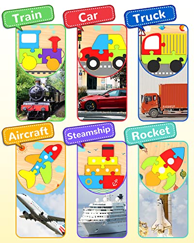 Yetonamr Wooden Toddler Puzzles Gifts Toys for 1 2 3 Years Old Boys Girls, 6 Vehicle Shape Montessori Toys Educational Blocks Kids Toys Gift Baby Learning Toy Age 1-3, 2-4