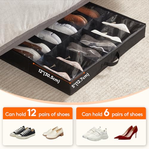 Lifewit Under Bed Shoe Storage Organizer 2 Pack(12 Shoes Cells), 4.3 Inches Profile Fabric Shoes Container Box with Clear Cover, Foldable Storage Bag with 2 Handles, Fits 12 to 24 Pairs