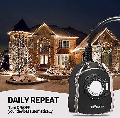 TiFFCOFiO Outdoor Timer Outlet, 24 Hour Mechanical Outdoor Timer for Pool Pump, Outdoor Light Timer Waterproof, 2 Grounded Outlets for Home and Garden, 15A 1/2HP, Heavy Duty, CSA Listed (1 Pack)