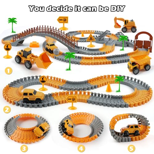 Construction Race Car Track Set for Kids - Flexible Engineering Toys with 2 Electric Cars, Birthday Gift for 3 4 5 6 7 Year Old Boys, DIY Road Games Playset with 220+ PCS