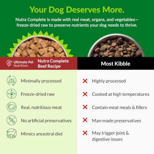 ULTIMATE PET NUTRITION Nutra Complete, 100% Freeze Dried Veterinarian Formulated Raw Dog Food with Antioxidants Prebiotics and Amino Acids, (1 Pound (Pack of 4), Beef)