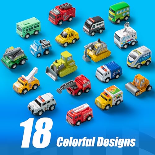 JOYIN 18 Pcs Pull Back City Cars and Trucks Toy Vehicles Set, Friction Powered Mini Cars Toys for Toddlers, Party Favors for Kids 3-5, Birthday Gifts for Boys and Girls, Goodie Bag Stuffers