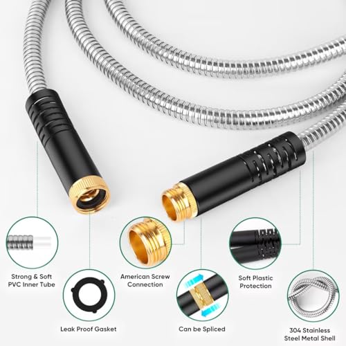 Garden Hose 50ft, Heavy Duty Stainless Steel Water Hose with 10 Functional Nozzles, No Kink, Lightweight and Flexible, Easy to Use and Store, Strong and Sturdy, Suitable for Yard and Lawn