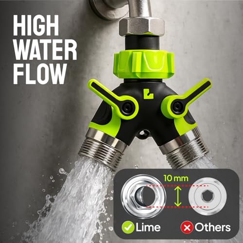 LIME 2 Way Hose Splitter Heavy Duty - Metal Y Garden Hose Splitter with Shutoff Valves, Brass Outdoor Faucet Adapter for Spigot, 3/4 Inch GHT Water Hose Connector - Green