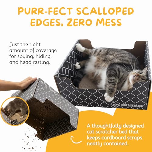 Hide & Scratch Cardboard Cat Scratcher Box & Bed - Dark Grey Diamond | Double-Sided Corrugated Pad for Indoor Cats | Refillable Scratching Board Toy for Play & Furniture Protection