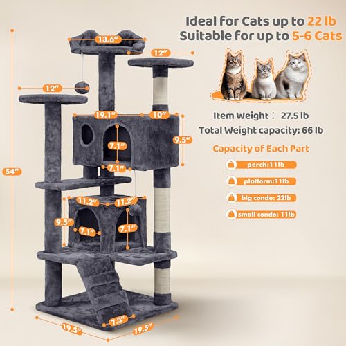 Yaheetech 54in Cat Tree, Multi-Level Cat Tower with Spacious Kitten-ear Perch, 2 Cozy Caves, Scratching Posts, Climbing Ladder, 2 Plush Balls, Durable Pet House Furniture for Indoor Kittens, Dark Gray