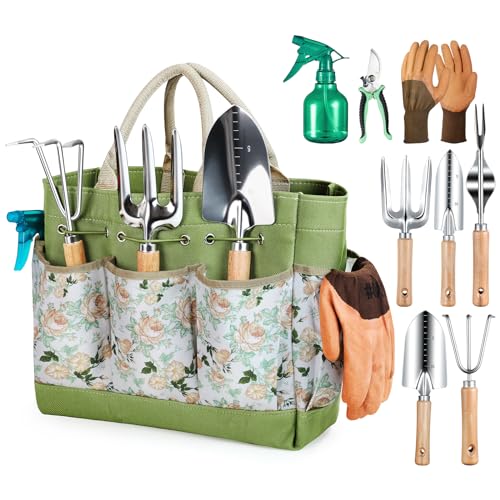 Grenebo Gardening Tools 9-Piece Heavy Duty Garden Hand Tools with Fashion and Durable Garden Tools Organizer Handbag, Rust-Proof Garden Tool Set, Ideal Gardening Gifts for Women