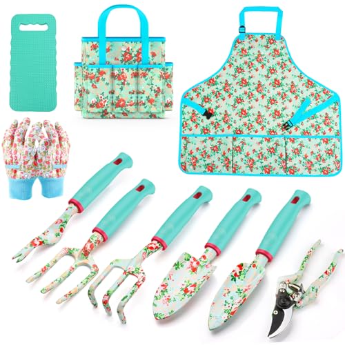 Garden Tools Set WANCHI 10 Piece Heavy Duty Floral Garden Tool Set Gardening Gifts for Women Men Birthday Rust-Proof Aluminum Garden Hand Tools Gardening Kit with Tote Bag Apron Glove