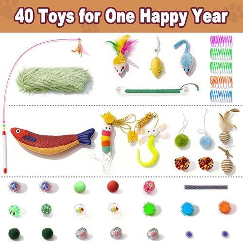 41 Pcs Interactive Cat Toys for Indoor Cats, Kitten Toys with Soft Pillow, Catnip Toys, Chew Rope, Feather Wand, Springs and Balls for Indoor Kittens