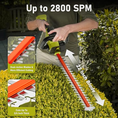 22 inch Hedge Trimmer Cordless with 2 Battery and Charger, 20V Handheld Electric Hedge Trimmer with Dual-Action Blades, Lightweight Bush Trimmer Pruning Shears Grass Cutter Shrub for Garden Yard Tools