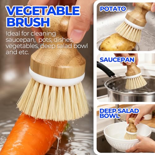 Holikme 6 Pack Dish Brush Scouring Pad Set with Bottle Brush, Dish Brush, Palm Scrub Brush and Straw Brush, Dish Scrubber Long Handle for Dish Bottle Cup Skillet Wok Pot Pan Cast Iron, Yellow
