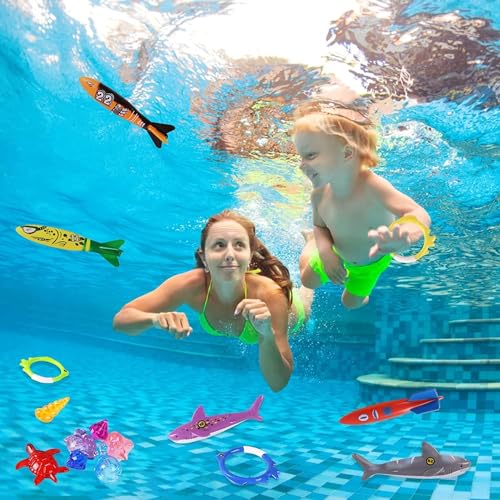 20Pcs Summer Pool Diving Swimming Toys for Kids Ages 3-12, Fun Swim Games Sinking Set, Underwater Dive Gifts with Storage Bag Include Torpedo Gems Shark Rings Sea Animals for Boys Girls Toddlers