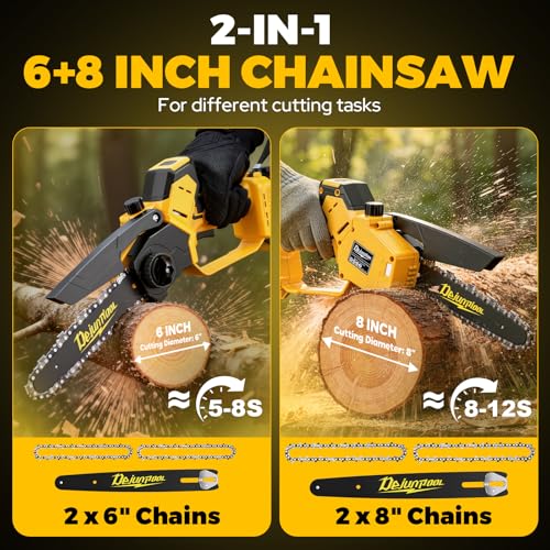 Cordless Mini Chainsaw Compatible with Dewalt 20V MAX Battery, 6 Inch & 8 Inch Small Electric Chainsaw Brushless, 2x 6'' + 2x 8'' Chains, Auto Oiler, Handheld Pruning Tree Saw (Tool Only)