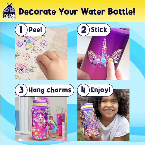 PURPLE LADYBUG Decorate Your Own Water Bottle Kit for Girls - Gift for Girls Ages 5 6 7 8 9 10 Year Old Girl Birthday Gift, Unicorn Toys Crafts Kids Ages 6-12 Mothers Day Crafts for Kids