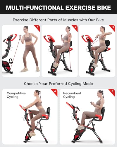 pooboo Folding Exercise Bike, Foldable Upright Stationary Bike, Indoor Cycling Magnetic X-Bike with 8-Level Adjustable Resistance, 6.6 LBS Flywheel, 300LB Capacity, Back Support Cushion for Home Gym