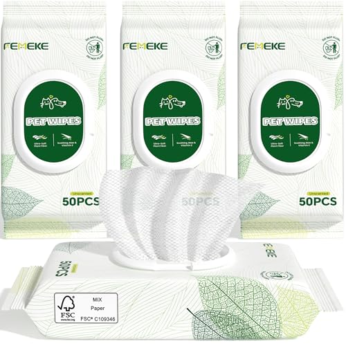 Unscented Dog Wipes & Cat Wipes (4x50 Packs) | Hypoallergenic, pH Balanced for Paws, Body, Eyes & Ears Grooming |All-Natural Plant Fiber Wipes with Aloe & Vitamin E | Pearl Texture
