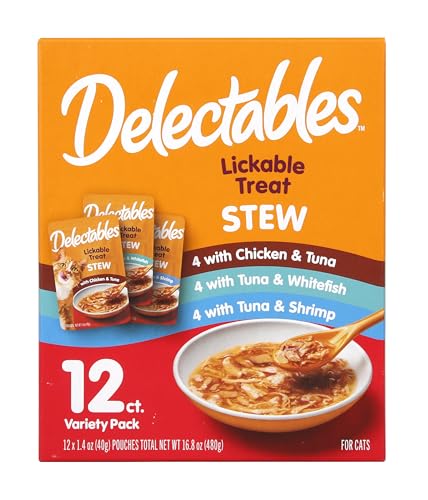 Delectables Lickable Treat Stew Wet Cat Treat Variety Pack, Food Topper, Hydrating, Grain-Free, No Fillers, No By-Products, No Added Preservatives, 1.4oz Pouch, 12ct