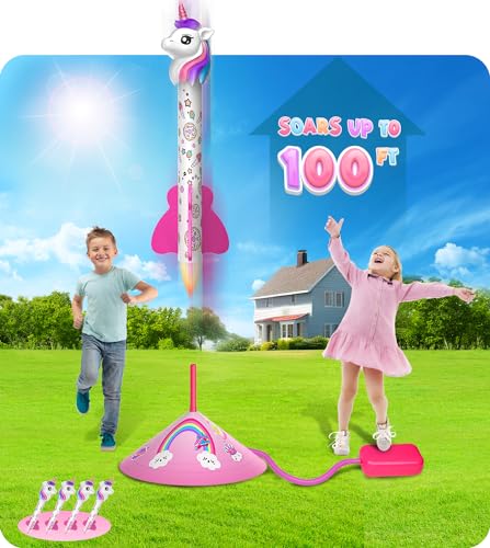 beefunni Unicorn Rocket Launcher for Kids, 4 Unicorns Outdoor Toys for Girls, Christmas Easter Birthday Gifts for Girls Ages 2 3 4 5 6 7 8 Years Old, Fun Indoor Toys for Kids Ages 2-4-6 Years Old