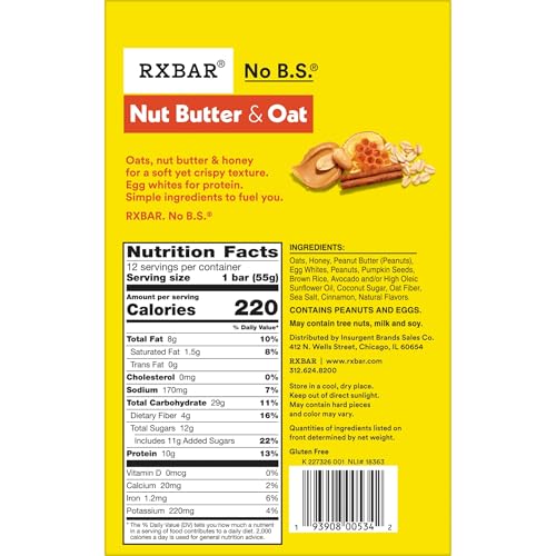 RXBAR Nut Butter and Oat Protein Bars, Protein Snacks, Snack Bars, Honey Cinnamon Peanut Butter, 23.2oz Box (12 Count)