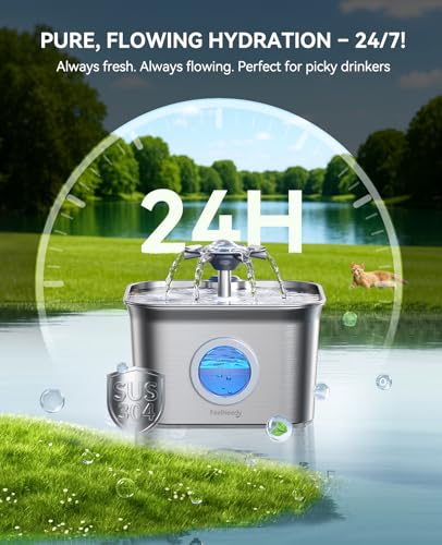 Stainless Steel Cat Water Fountain, 2.8L with 20dB Ultra-Quiet Pump- Ideal for Timid Pets, LED Water Level Window, Dishwasher Safe, 24/7 Circulation- Includes 3 Replacement Filters