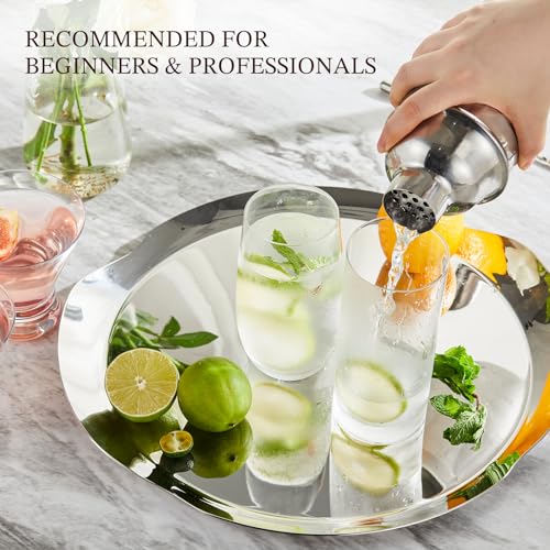 Cocktail Shaker, KITESSENSU 24oz Drink Shaker with Bartender Strainer, Measuring Jigger, Bar Mixing Spoon, Cocktail Recipe Guide, Professional Drink Mixer Set for Beginners, Silver