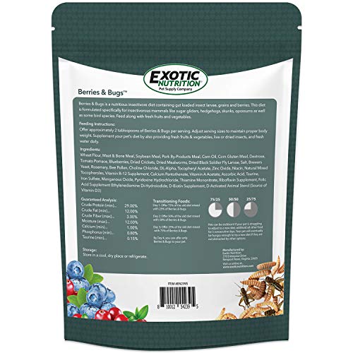 Berries & Bugs 1.5 lb - All Natural High Protein High Fiber Food for Hedgehogs, Skunks, Opossums, Sugar Gliders - Universal Insectivore Diet with Fruit, Gut-Loaded Insects, & Healthy Vitamins