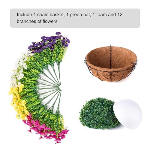 Artificial Faux Hanging Plants Flowers Basket for Spring Summer Outdoors Decoration, Fake Silk Colorful Morning Glory with Eucalyptus Look Real UV Resistant for Outside Porch Patio Balcony Garden Home
