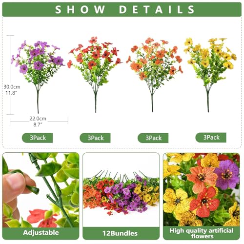 INQCMY Artificial Flowers for Outdoors Faux Plants Outdoor Fake Flowers Spring Decoration,12 Bundles Faux Silk Colorful Daisy Realistic UV Resistant for Outside Home Planter Window Porch Patio Yard