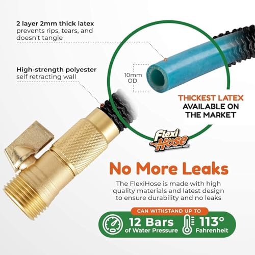 Flexi Hose Expandable Garden Hose with 8 Function Nozzle, 50FT - Lightweight Retractable Garden Hose, Water Hose - No-Kink Flexibility, 3/4 Inch Solid Brass Fittings and Double Latex Core