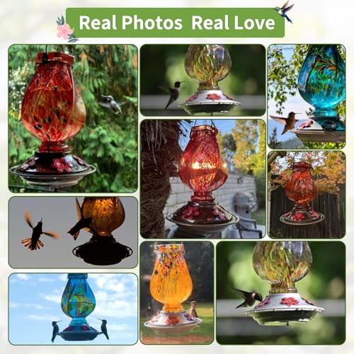 BOLITE Hummingbird Feeder, Hand Blown Glass Hummingbird Feeders for Outdoors Hanging with Ant Moat, 5 Bee-Proof Ports, Leak-Proof, 360° Perch, 22oz, Red, Gifts for Women Men, Gifts for Mom Dad