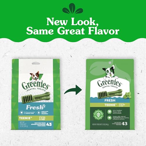Greenies Dog Treats Veterinarian-Recommended Natural Dental Treats for Dogs, Teenie Size, Fresh Flavor, 12 oz. Pack, 43 Count