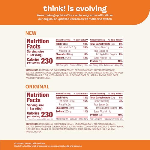 think! Protein Bars, High Protein Snacks, Gluten Free, Kosher Friendly, Creamy Peanut Butter, Nutrition Bars, 2.1 Oz per Bar, 12 Count (Packaging May Vary)