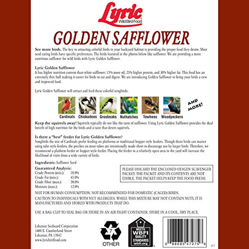 Lyric Golden Safflower Bird Seed for Outside Feeders - Attracts Cardinals, Chickadees, Woodpeckers & More, 12 lb Bag