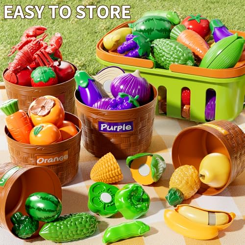 NIPLOOOW Play Food Set for Kids, Toddler Learning Toys, Cutting Food Toy Color Sorting Set, Pretend Food Play Kitchen Accessories for Kids, Birthday Gifts for 3-8 Years old Boys Girls Educational Toys