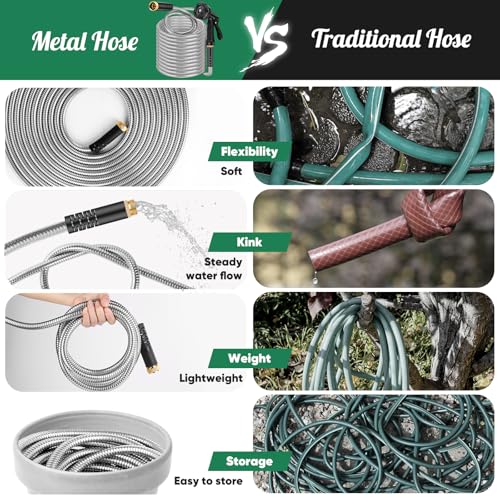 Garden Hose 50ft, Heavy Duty Stainless Steel Water Hose with 10 Functional Nozzles, No Kink, Lightweight and Flexible, Easy to Use and Store, Strong and Sturdy, Suitable for Yard and Lawn