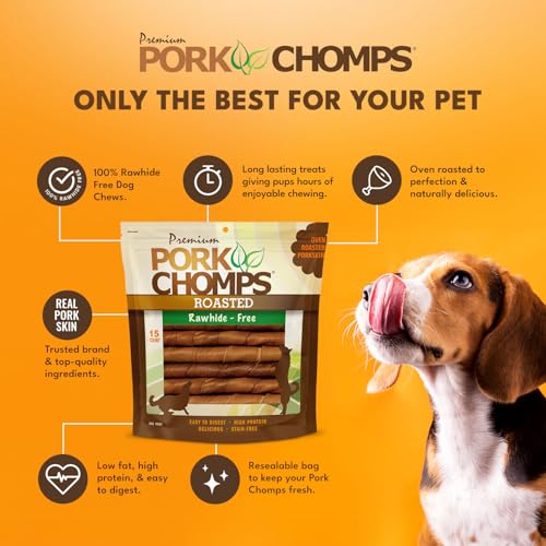 Pork Chomps Roasted Pork Skin Dog Chews, 6 Inch Twists, 15 Count - Long-Lasting Treats for Dogs - High Protein, Rawhide-Free, Low Fat, Healthy & Delicious Chews