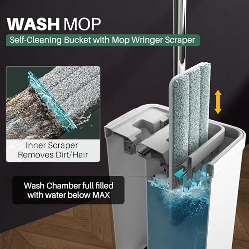 JOYMOOP Mop and Bucket Set, White Flat Mop with Long Handle for Floor & Wall Cleaning, Wet & Dry Use, Hardwood Floor Cleaner, Ideal for Household & Commercial Use, 5 Microfiber Pads Included
