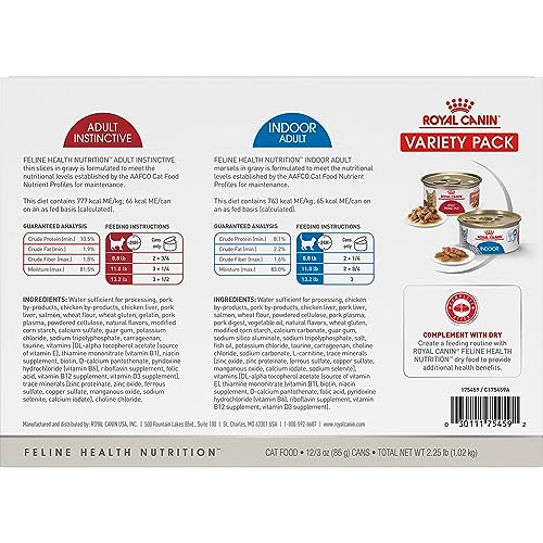 Royal Canin Feline Health Nutrition Indoor Adult & Adult Instinctive Thin Slices in Gravy and Morsels in Gravy Variety Pack Cat Food, 3 oz (Pack of 12)