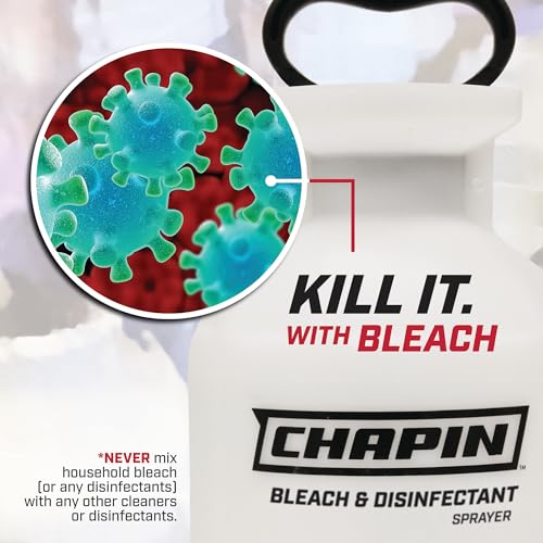Chapin 20075 Bleach Pump Sprayer, 1‑Gallon, Lawn & Garden, Bleach‑Resistant Poly Tank, Funnel‑Top, Anti‑Clog Filter, Adjustable Cone Nozzle, 40" Hose for Cleaning, Mold & Disinfecting Applications