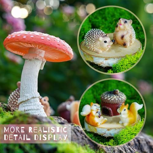 Fairy Garden Accessories, 7 Pieces Squirrel & Hedgehog Resin Figures with Acorn & Mushroom, Handmade Miniature Decor, Garden Miniatures and Home Decorations, Perfect DIY Gift