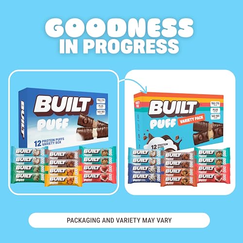 BUILT Bar Puff Protein Bars - Variety Pack - 15-17g Protein Snack Bars with Collagen - Calorie Conscious & Gluten Free - 12 Count, Variety May Vary