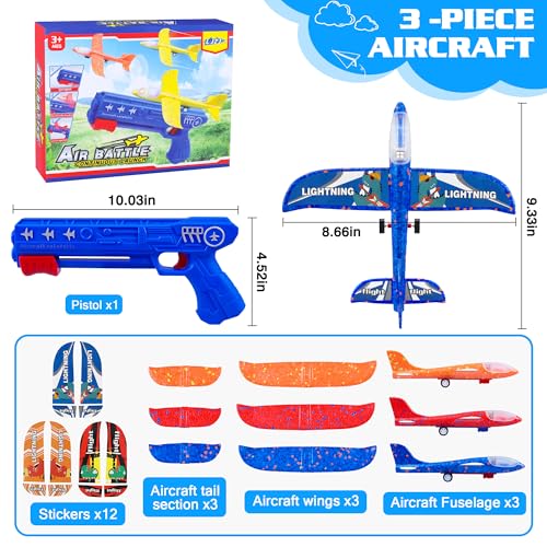 LJZJ 3 Pack Airplane Launcher Toys, 2 Flight Modes LED Foam Glider Catapult Plane, Outdoor Flying Toy for Kids, Birthday Gifts for Boy Girl 3+ Year Old, B-Day Party Supplies