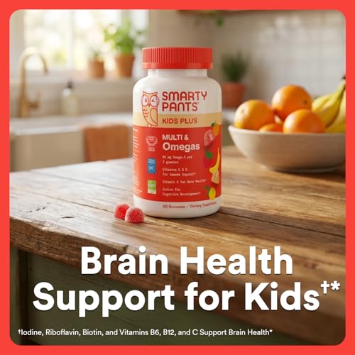 SmartyPants Kids Multivitamin Gummies with Omega 3 DHA/EPA, Vitamins D3, C, B12, B6, A, K, and Zinc, Gluten Free, Clean Label, Three Fruit Flavors, 60 Gummies (30 Day Supply)