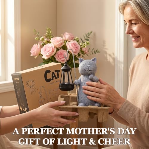 Qeeman Solar Cat Garden Statue: Weatherproof Resin Figurine with Warm Glow Lantern - Outdoor Decor for Yard Pathway Patio Porch Balcony - Gifts for Mom Grandma Cat Lovers