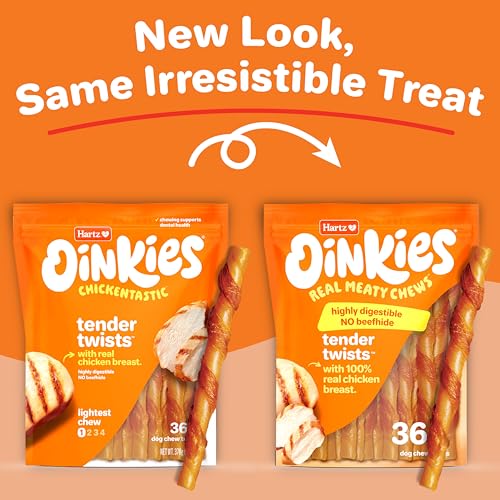 Hartz Oinkies Tender Twists Rawhide‑Free Dog Chews with Real Chicken Breast, Highly Digestible, Long‑Lasting Treats, 36 Count
