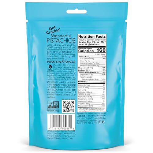 Wonderful Pistachios No Shells, Lightly Salted Nuts, 12 Ounce Resealable Bag, Protein Snacks, Gluten Free, Healthy Snack