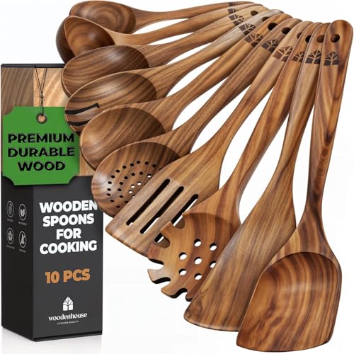 Wooden Spoons for Cooking – 10 Pcs Teak Wood Utensil Set, Durable, Nonstick Safe & Heat Resistant with Ergonomic Handles