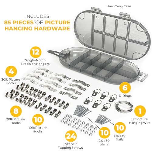 Go Hang It! Pro, All-in-One Picture Hanging Kit - Picture Leveling and Hanging Tool - Hang Sawtooth/Wire Hangers - Wall Hanging Kit and Level Tool - Hardware Case with 85-Piece Hanging Essentials