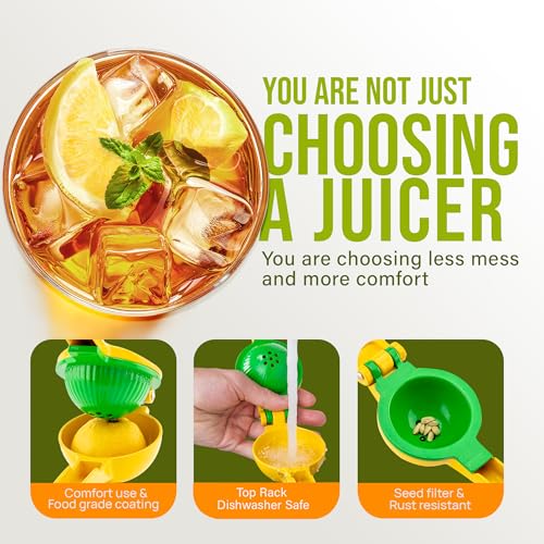 Zulay Kitchen Metal 2-in-1 Lemon Squeezer - Sturdy Max Extraction Hand Juicer Lemon Squeezer Gets Every Last Drop - Easy to Clean Manual Citrus Juicer - Easy-Use Lemon Juicer Squeezer - Yellow/Green